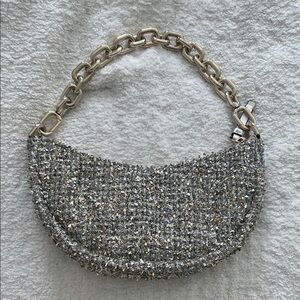 kate spade Silver Tweed Crescent Clutch with Gold Chain